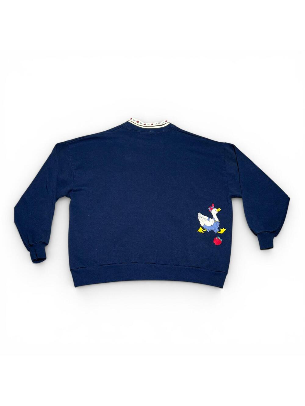 Vintage Navy Sweatshirt with Embroidered Duck Family and Decorative Collar 2X - Picture 2 of 4